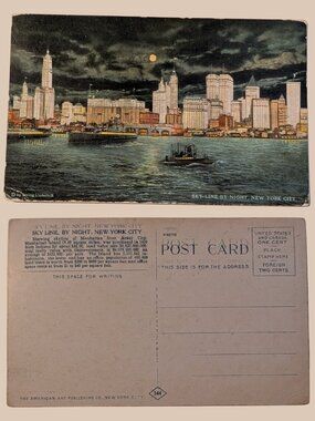 10/$25 Vintage Blank New York City Skyline by Night Postcard